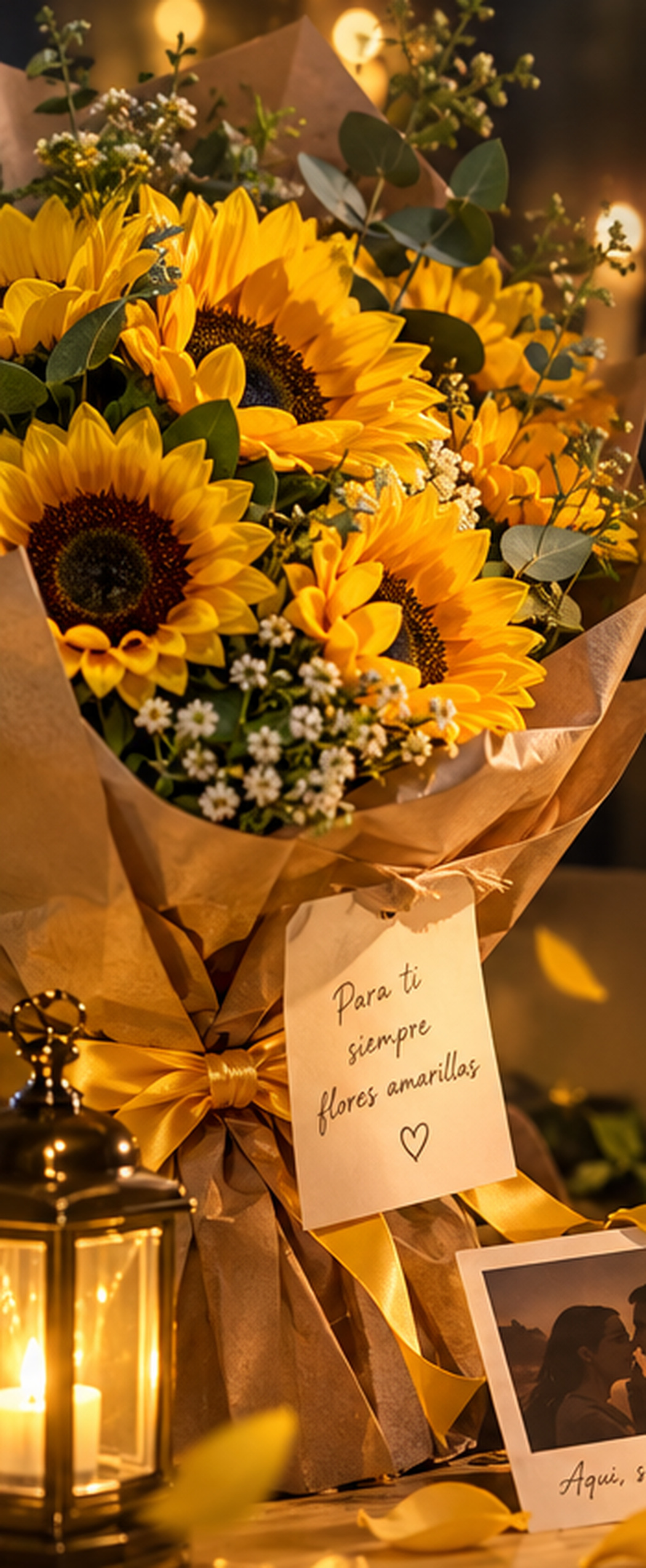 Un gran ramo de girasoles y flores amarillas envuelto en papel kraft